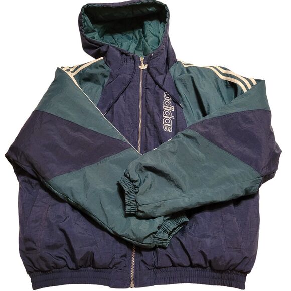 ADIDAS Bomber Jacket Green Blue Rain Proof Quilted Lining Elastic Cuff Band - Picture 3 of 9